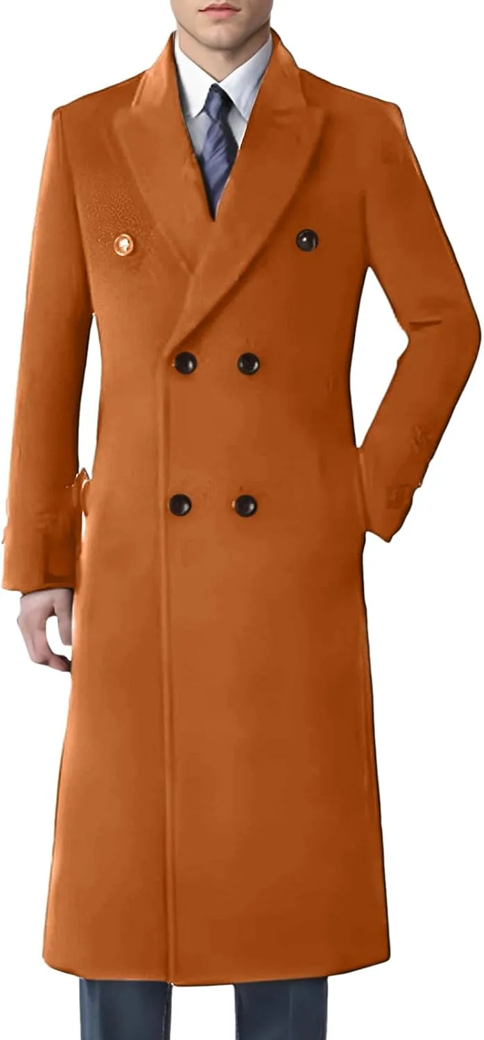 Mens Wool Blend Trench Coat Double Breasted Notched Lapel Casual Long Jacket Windbreaker Overcoats