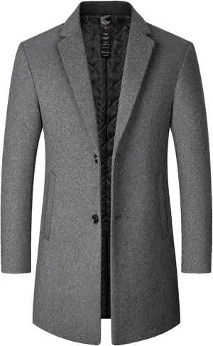 Mens Wool Blend Trench Coat Notched Collar Single Breasted Peacoat Winter Overcoat Windbreaker Jackets
