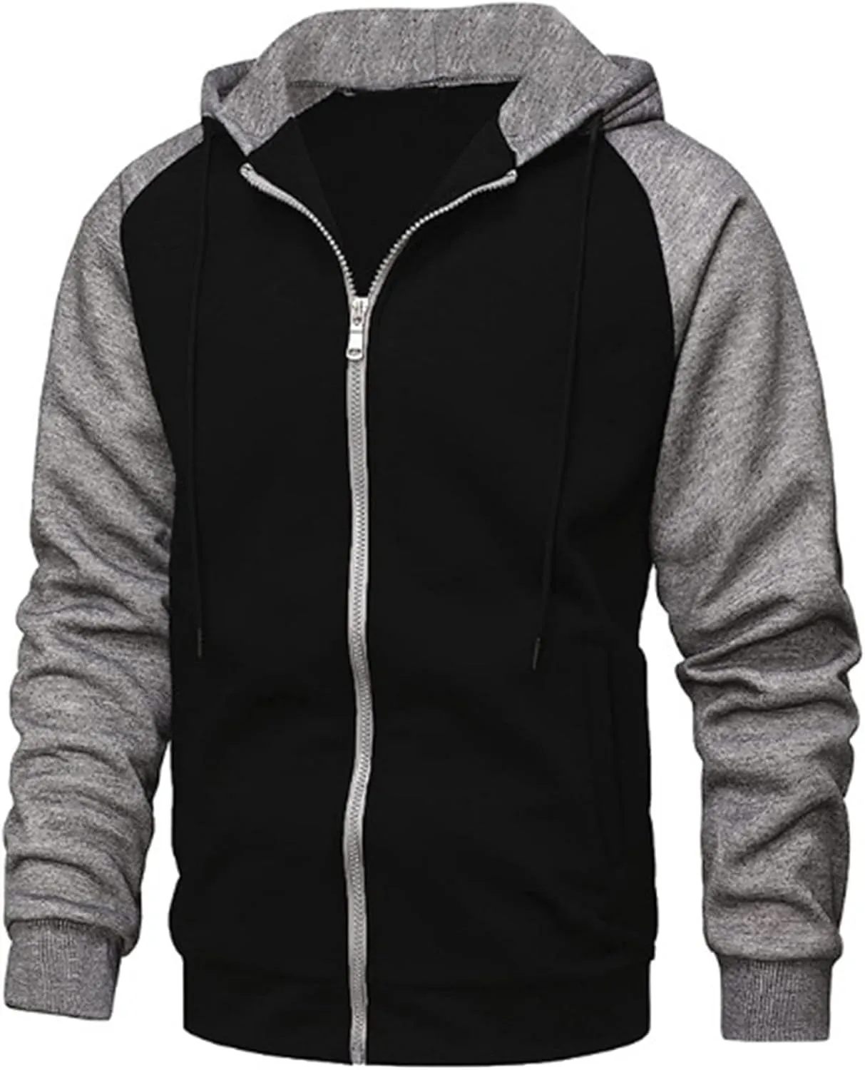 Mmoneyake Men's Zip Up Hoodies Color Block Long Sleeve Casual Sweatshirt Relaxed Fit Hooded Fleece Pullover Basic Jacket Coat