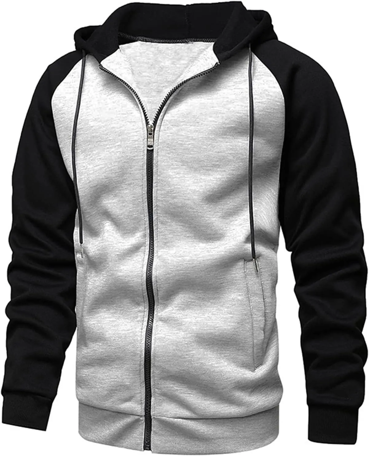 Mmoneyake Men's Zip Up Hoodies Color Block Long Sleeve Casual Sweatshirt Relaxed Fit Hooded Fleece Pullover Basic Jacket Coat