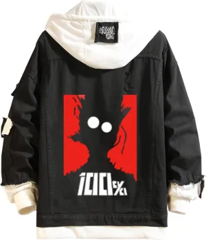 Mob Psycho 100 Denim Jacket Hoodie Kageyama Shigeo Cosplay Hooded Jeans Jacket Men Women Trucker Jeans Coat