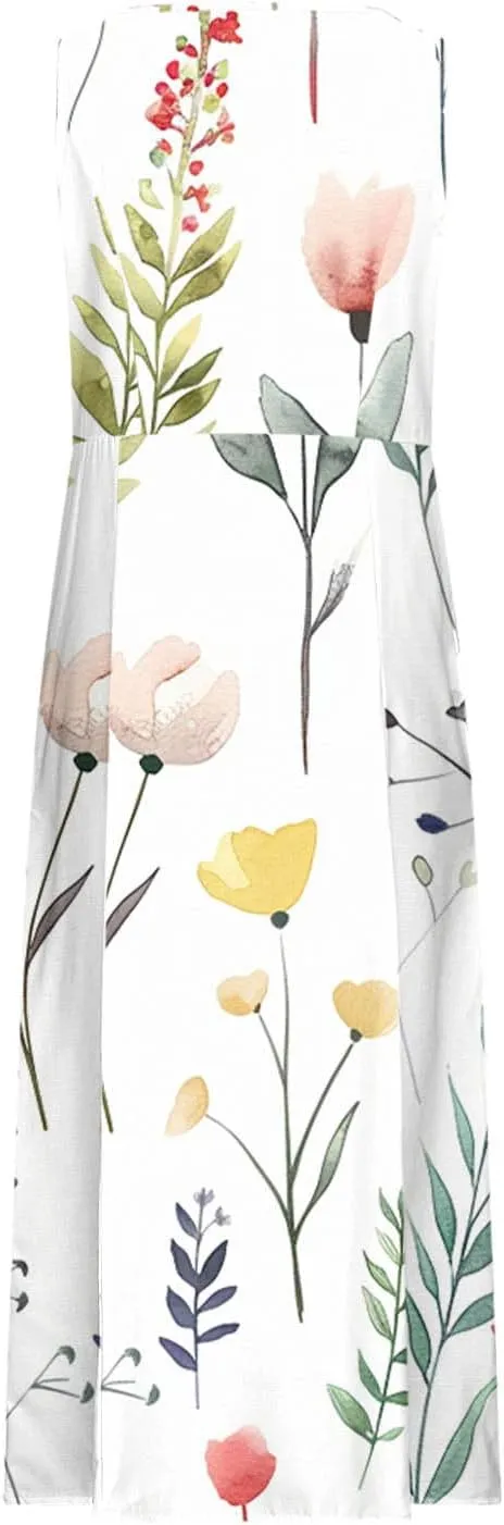 Mzkdieey Women's Cotton Linen Maxi Dresses Summer Casual Scoop Neck Sleeveless Tank Dress Plus Size Beach Dress with Pockets