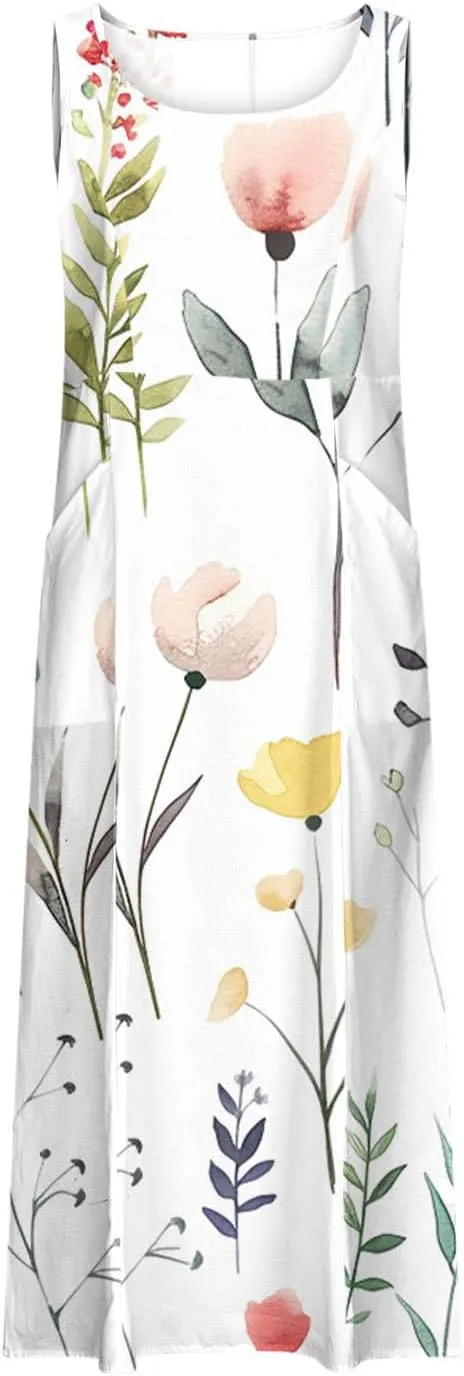 Mzkdieey Women's Cotton Linen Maxi Dresses Summer Casual Scoop Neck Sleeveless Tank Dress Plus Size Beach Dress with Pockets