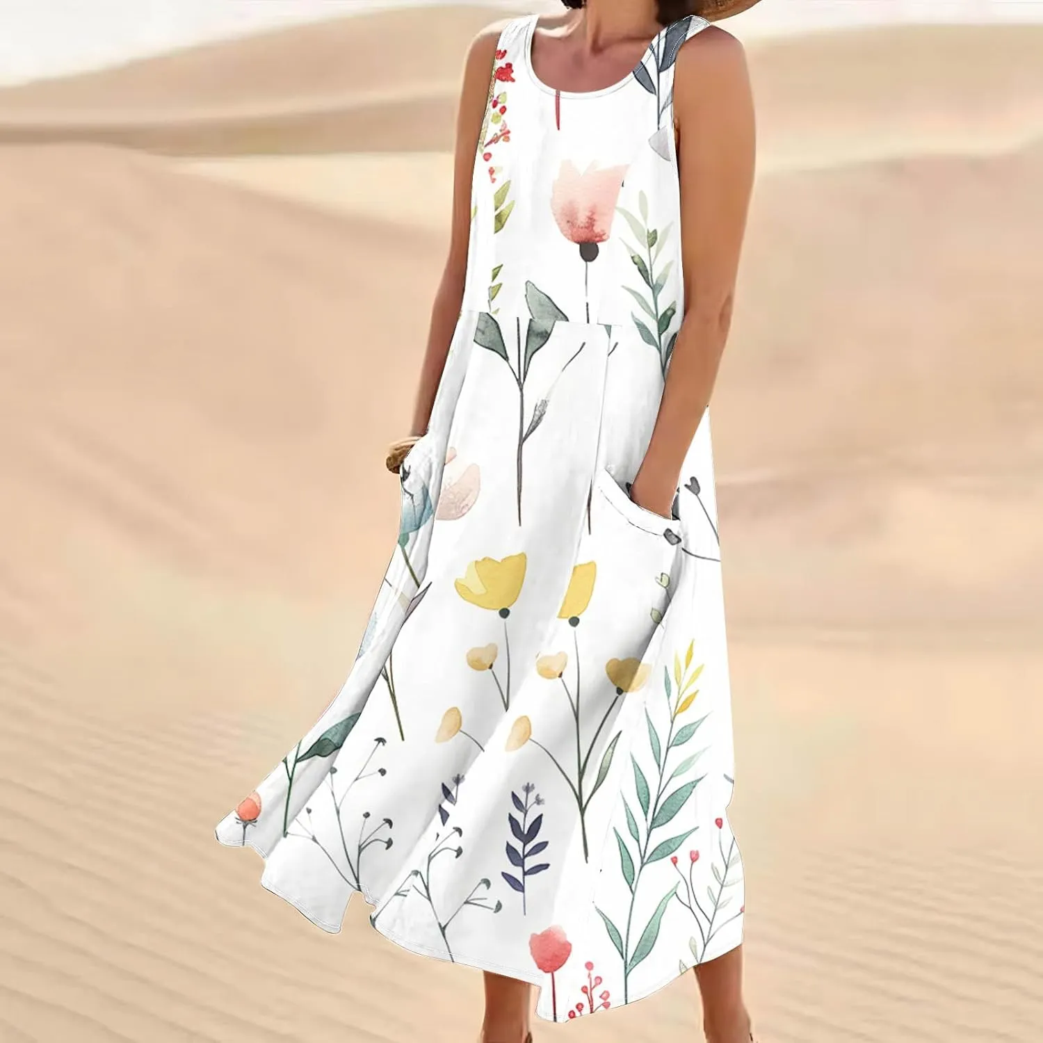 Mzkdieey Women's Cotton Linen Maxi Dresses Summer Casual Scoop Neck Sleeveless Tank Dress Plus Size Beach Dress with Pockets