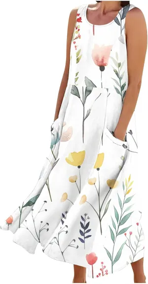 Mzkdieey Women's Cotton Linen Maxi Dresses Summer Casual Scoop Neck Sleeveless Tank Dress Plus Size Beach Dress with Pockets