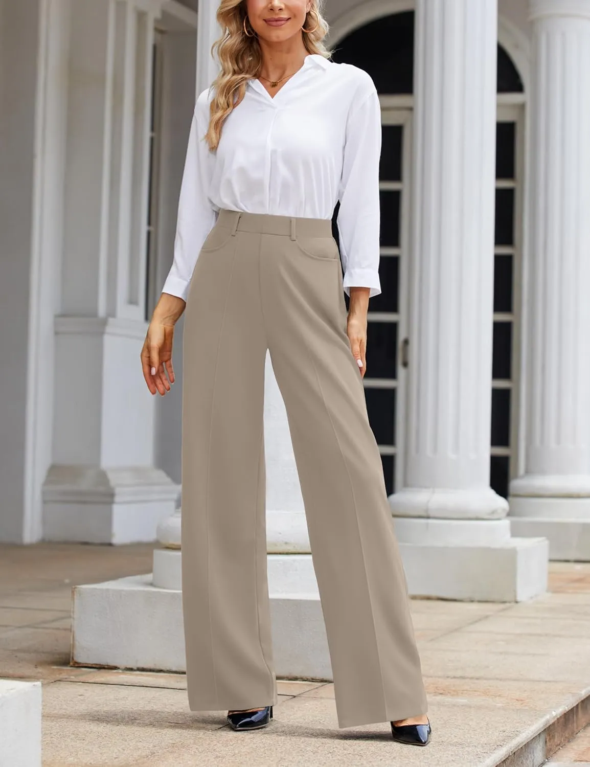 Narcissus Wide Leg Pants Trousers Pants for Women with Belt Loops Work Pants Women High Waisted Slacks for Office Wear
