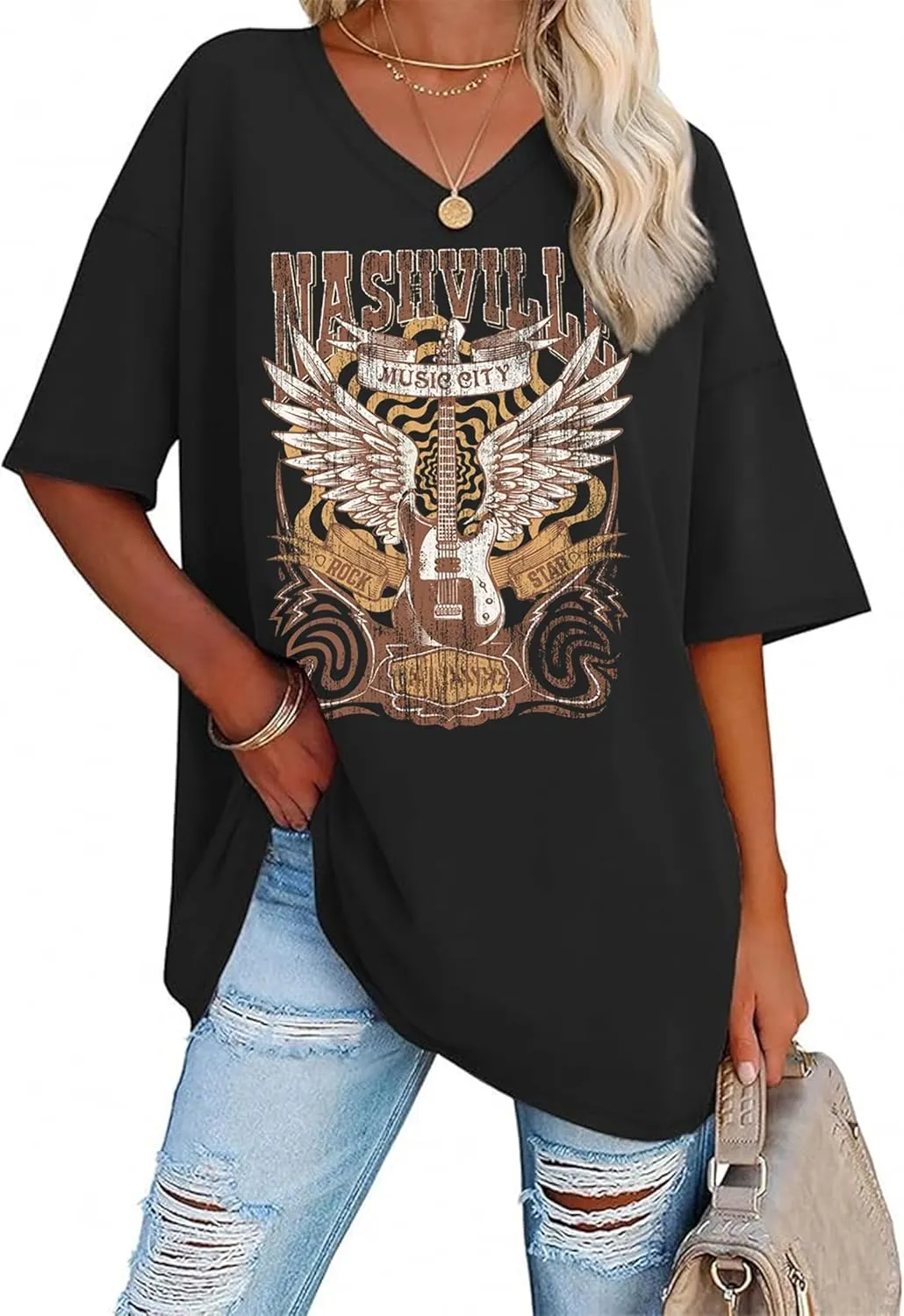 Oversized V Neck Shirts for Women Western Outfits Cowgirl Graphic Tshirts Coutnry Concert Nashville Tops Workout Clothes