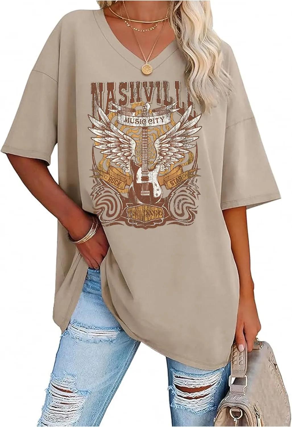 Oversized V Neck Shirts for Women Western Outfits Cowgirl Graphic Tshirts Coutnry Concert Nashville Tops Workout Clothes