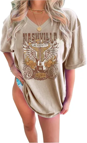 Oversized V Neck Shirts for Women Western Outfits Cowgirl Graphic Tshirts Coutnry Concert Nashville Tops Workout Clothes