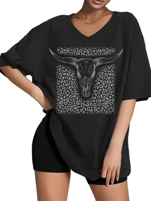 Oversized V Neck Shirts for Women Western Outfits Cowgirl Graphic Tshirts Coutnry Concert Nashville Tops Workout Clothes