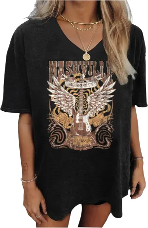 Oversized V Neck Shirts for Women Western Outfits Cowgirl Graphic Tshirts Coutnry Concert Nashville Tops Workout Clothes
