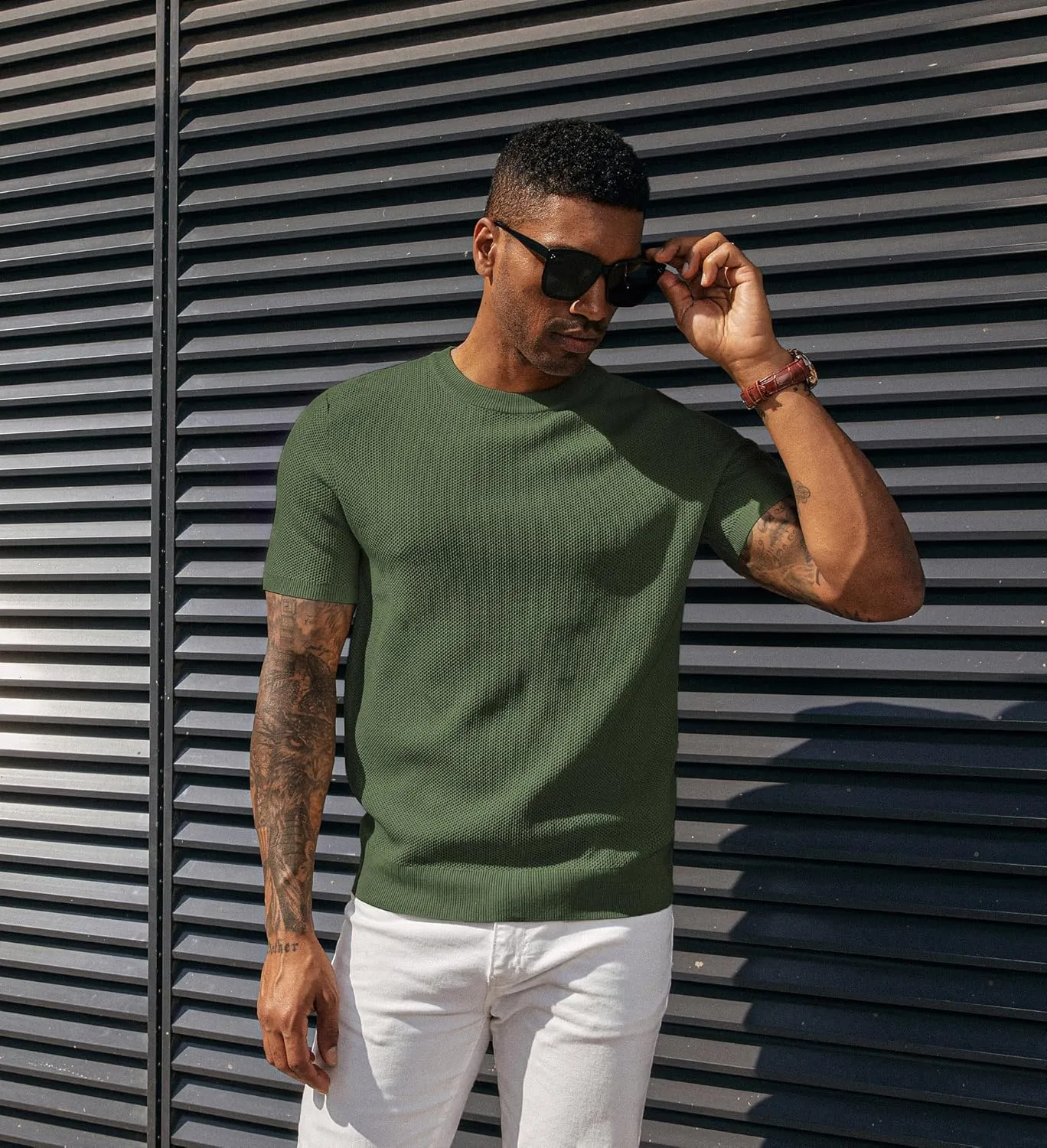 PJ PAUL JONES Men's T-Shirts Casual Knit Short Sleeve Crewneck Honeycomb Waffle Solid Knitted Pullover Tees
