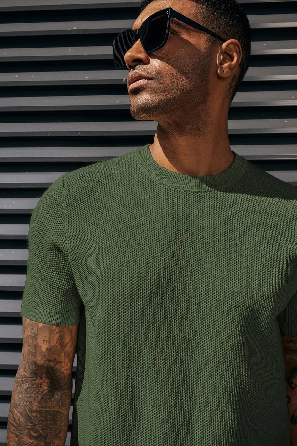 PJ PAUL JONES Men's T-Shirts Casual Knit Short Sleeve Crewneck Honeycomb Waffle Solid Knitted Pullover Tees