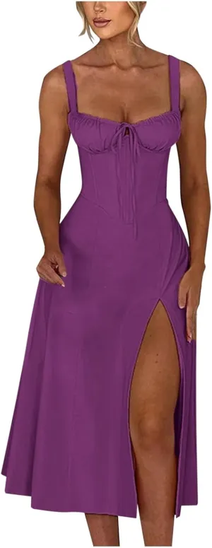 PTOLOCIF Sexy Sundresses for Women 2025 Summer Spaghetti Strap Dress Sleeveless Low Cut Bust Dress Beach Party Maxi Dresses