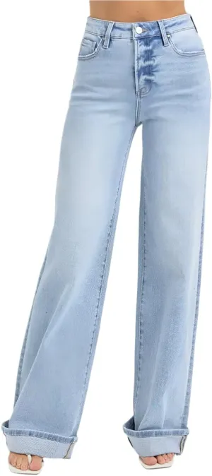 SALT TREE Risen Jeans - Tummy Control High Rise Wide Cuffed Jeans - RDP5975