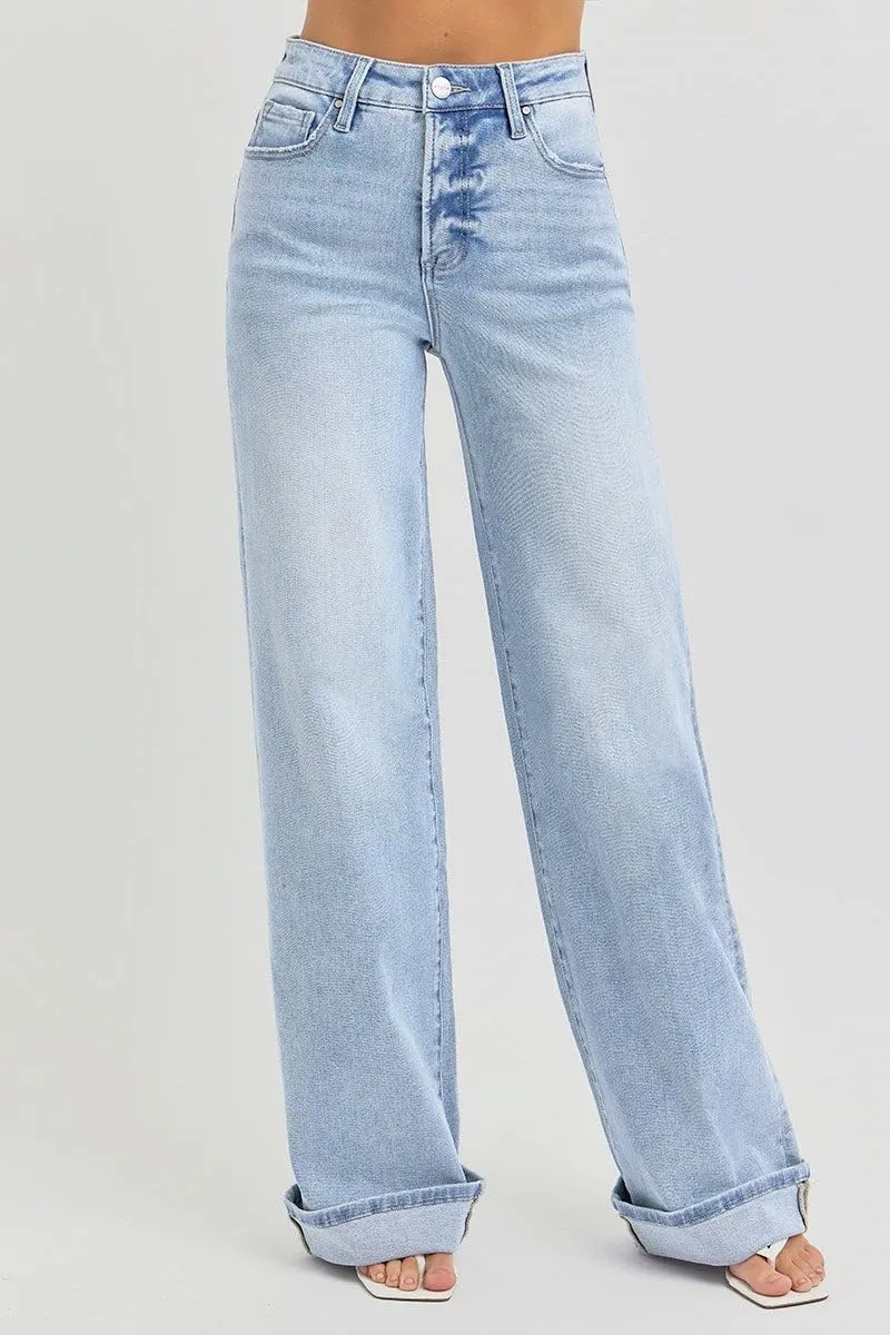 SALT TREE Risen Jeans - Tummy Control High Rise Wide Cuffed Jeans - RDP5975