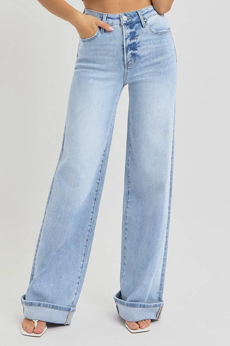 SALT TREE Risen Jeans - Tummy Control High Rise Wide Cuffed Jeans - RDP5975