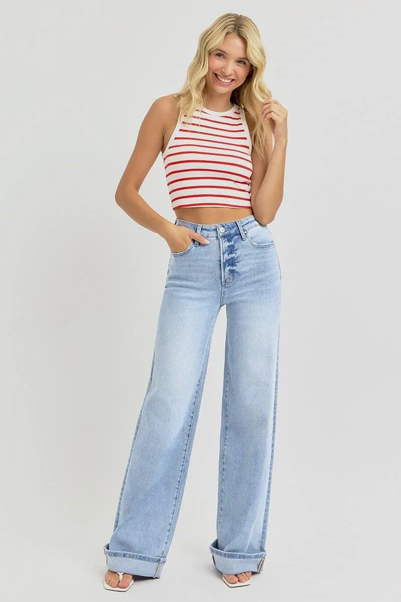 SALT TREE Risen Jeans - Tummy Control High Rise Wide Cuffed Jeans - RDP5975
