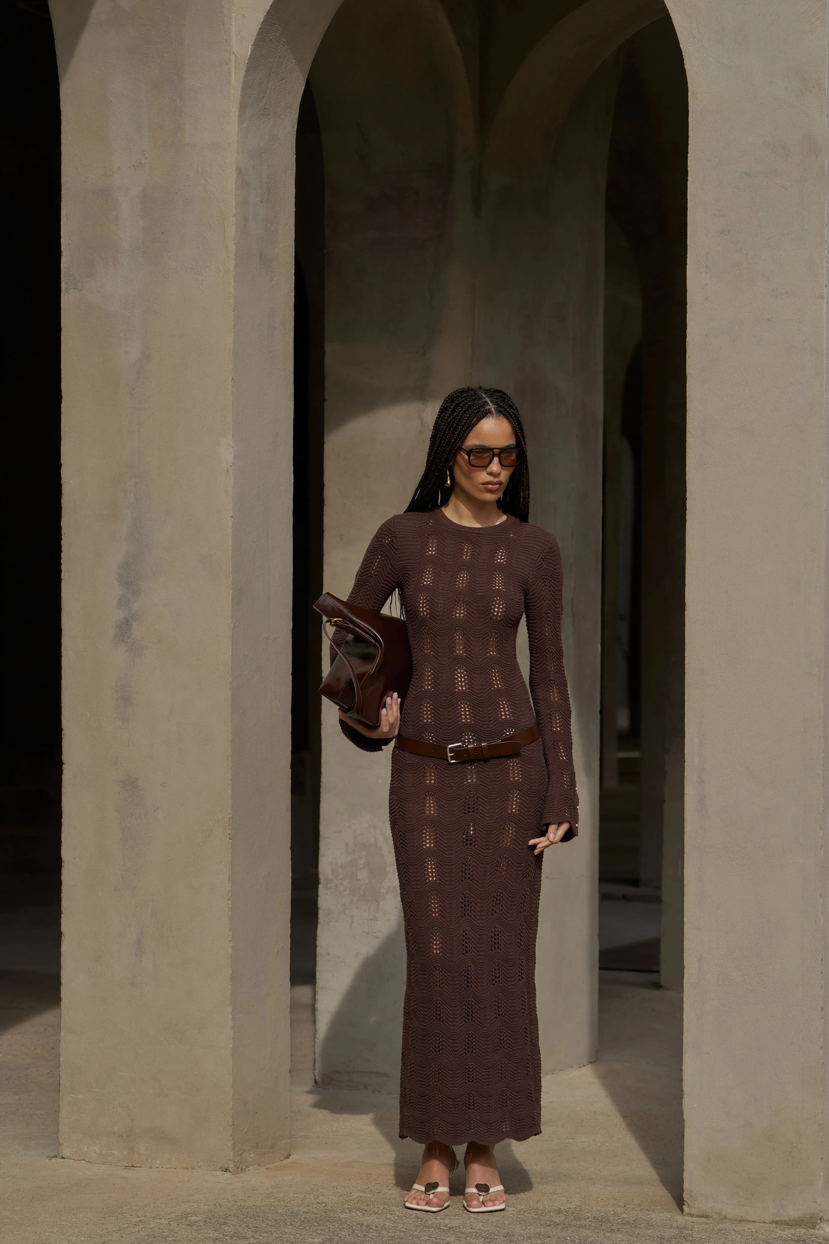 SCALLOP EDGE KNITTED MAXI DRESS - CHOCOLATE