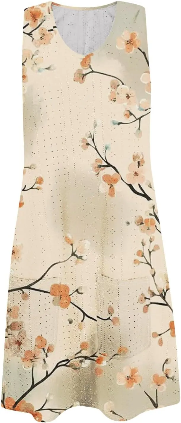 Summer Dresses for Women 2025 Beach T Shirt Dresses Sleeveless Floral Flowy Tshirt Tank Sundresses with Pocket