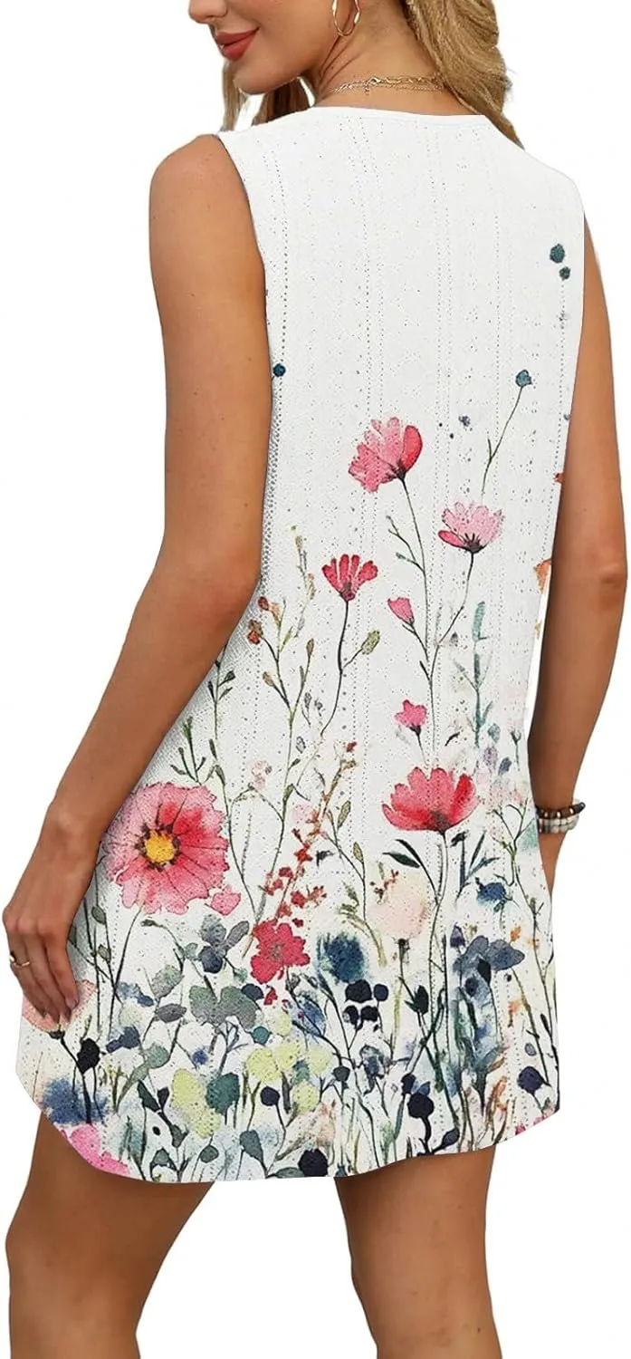Summer Dresses for Women 2025 Beach T Shirt Dresses Sleeveless Floral Flowy Tshirt Tank Sundresses with Pocket