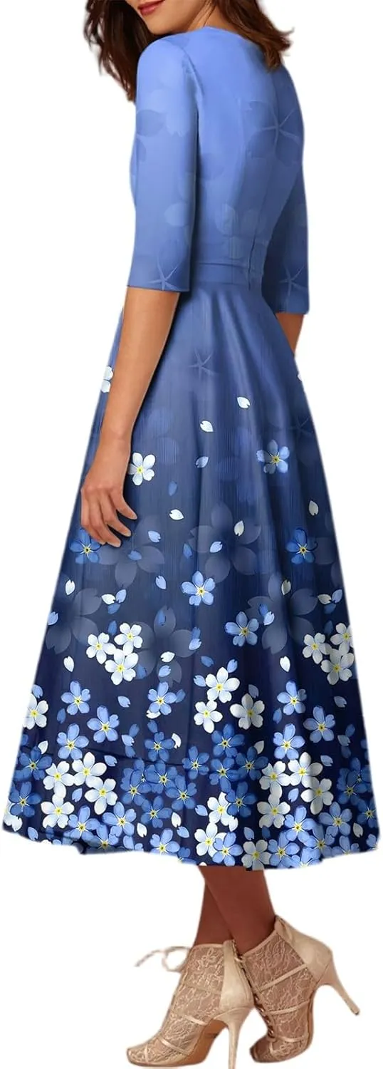 Summer Dresses for Women 2025 Floral Graphic V Neck Midi Dress Half Sleeve High Waist Swing Dress Sexy Evening Party Cocktail