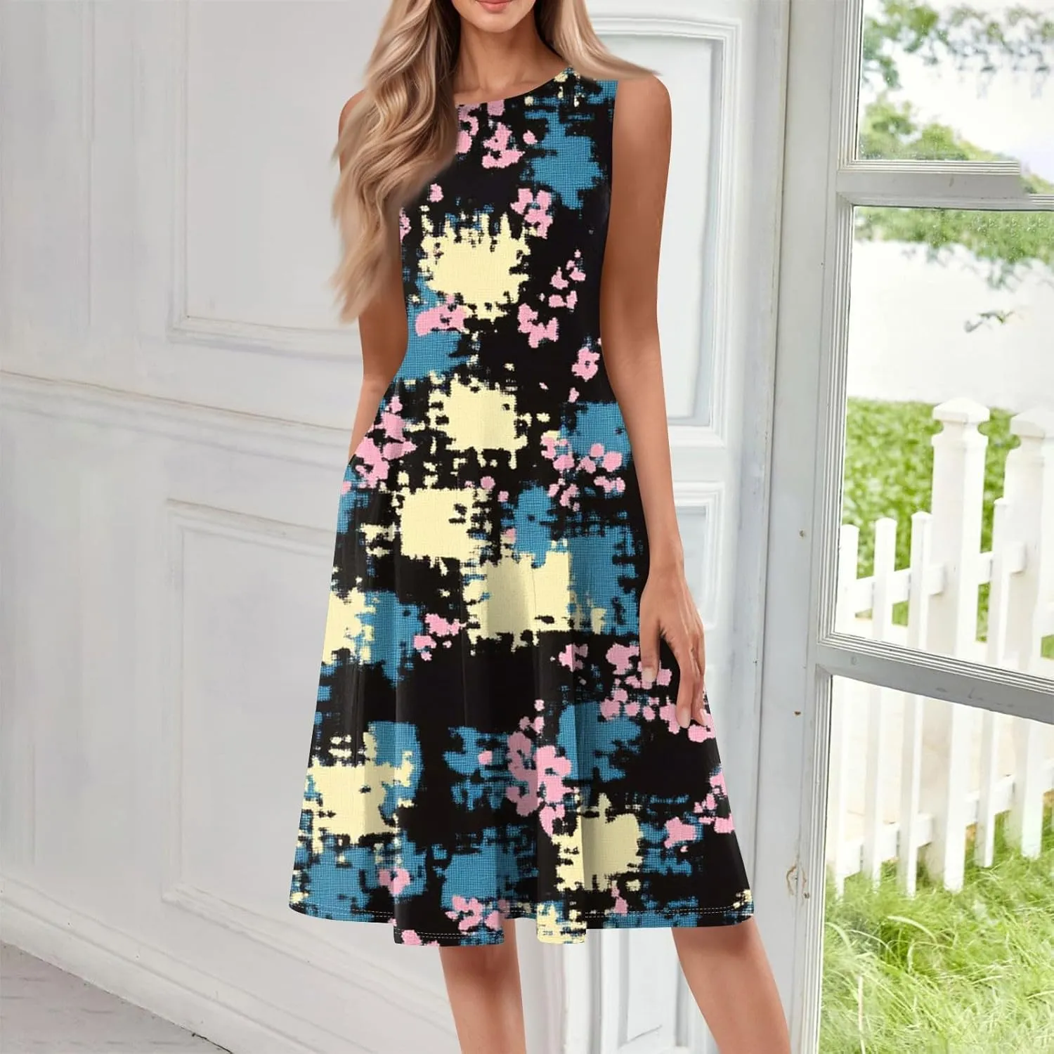 Summer Dresses for Women 2025 Midi Short Sleeve Crew Neck Sleeveless Dresses Beach Sundress with Side Pocket A Line Dress