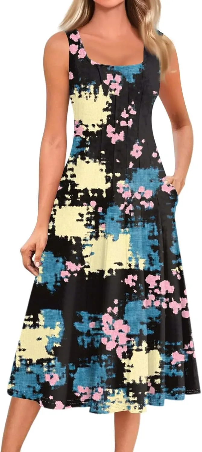 Summer Dresses for Women 2025 Midi Short Sleeve Crew Neck Sleeveless Dresses Beach Sundress with Side Pocket A Line Dress