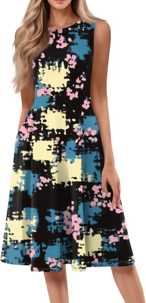 Summer Dresses for Women 2025 Midi Short Sleeve Crew Neck Sleeveless Dresses Beach Sundress with Side Pocket A Line Dress