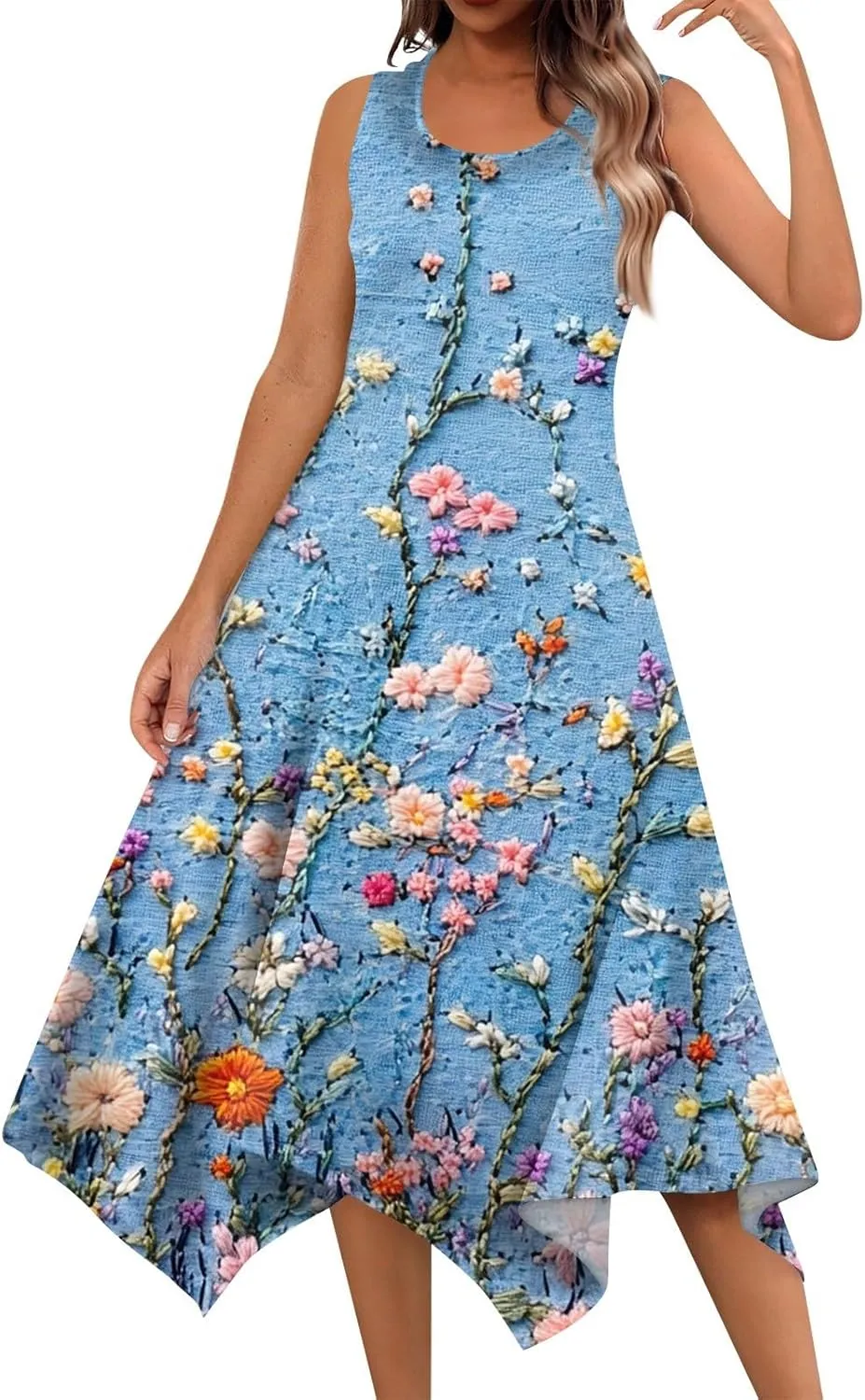 Summer Dresses for Women Summer Casual Beach Sundresses Flowy Hankerchief Hem Midi Tank Dresses Floral Sleeveless Dress
