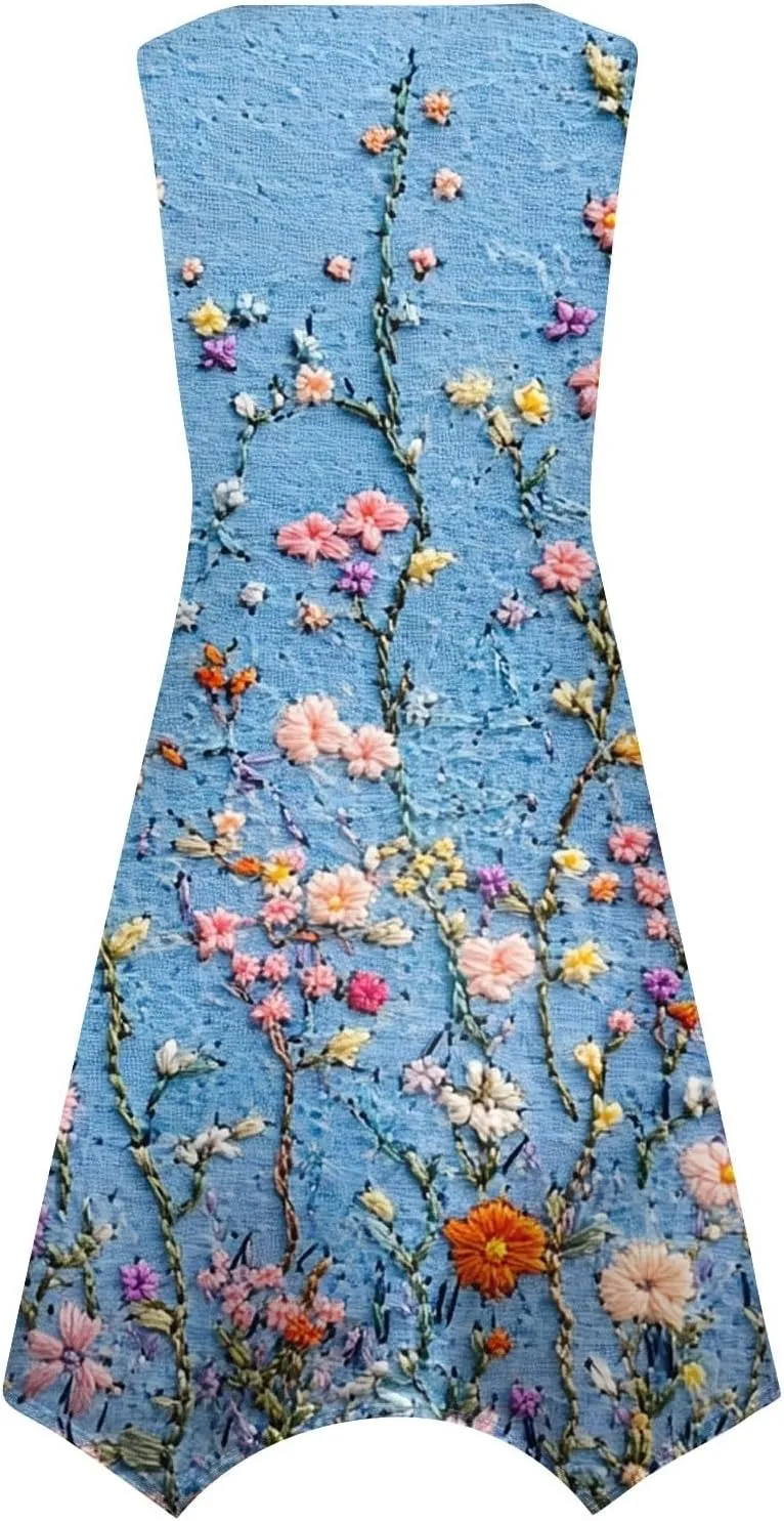 Summer Dresses for Women Summer Casual Beach Sundresses Flowy Hankerchief Hem Midi Tank Dresses Floral Sleeveless Dress
