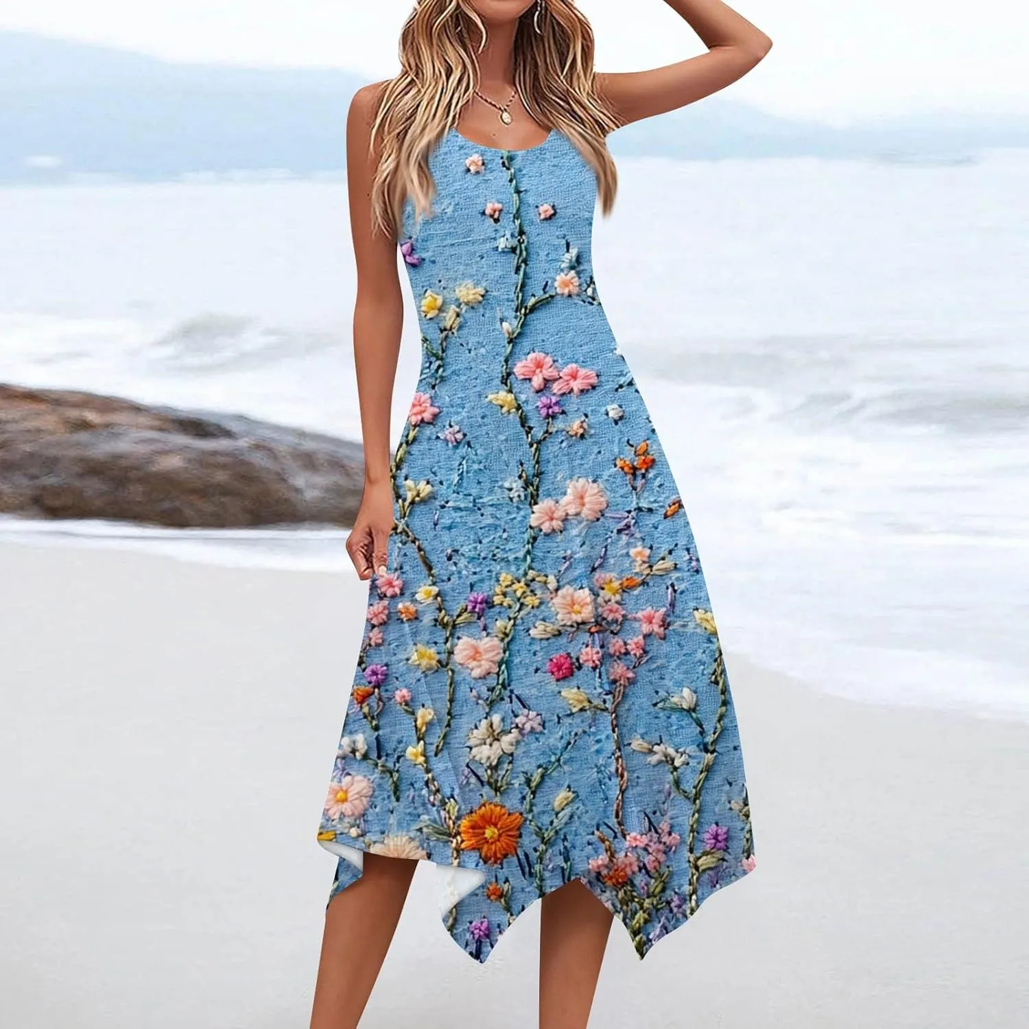 Summer Dresses for Women Summer Casual Beach Sundresses Flowy Hankerchief Hem Midi Tank Dresses Floral Sleeveless Dress