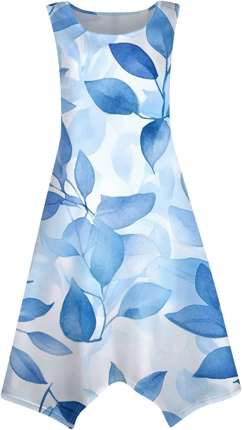 Summer Dresses for Women Summer Casual Beach Sundresses Flowy Hankerchief Hem Midi Tank Dresses Floral Sleeveless Dress