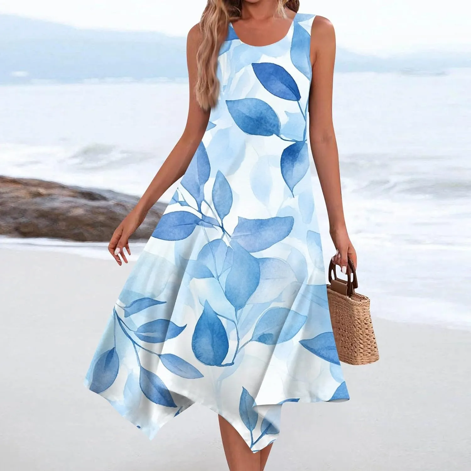 Summer Dresses for Women Summer Casual Beach Sundresses Flowy Hankerchief Hem Midi Tank Dresses Floral Sleeveless Dress