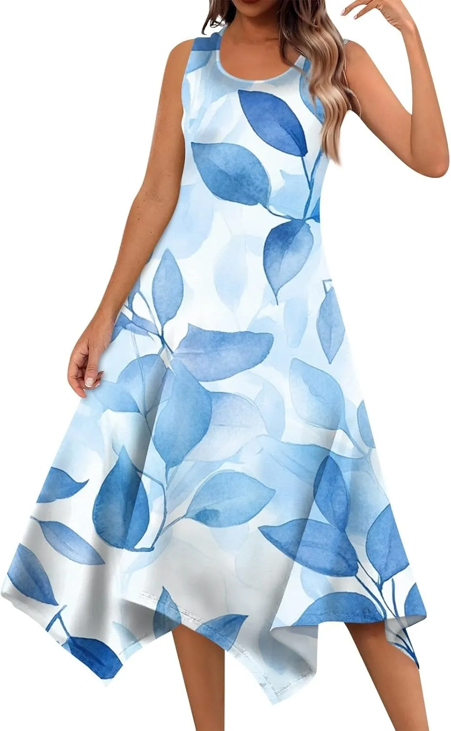 Summer Dresses for Women Summer Casual Beach Sundresses Flowy Hankerchief Hem Midi Tank Dresses Floral Sleeveless Dress