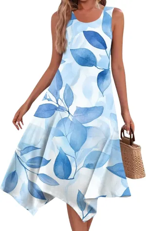 Summer Dresses for Women Summer Casual Beach Sundresses Flowy Hankerchief Hem Midi Tank Dresses Floral Sleeveless Dress