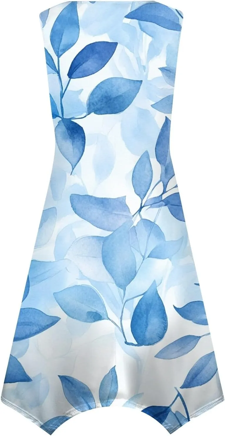Summer Dresses for Women Summer Casual Beach Sundresses Flowy Hankerchief Hem Midi Tank Dresses Floral Sleeveless Dress
