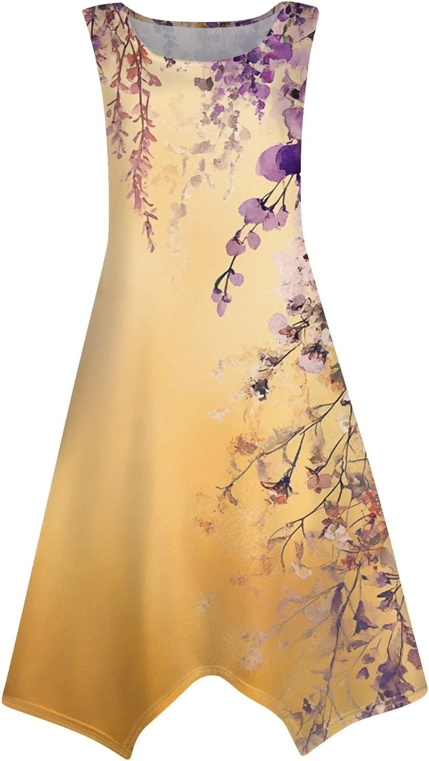 Summer Dresses for Women Summer Casual Beach Sundresses Flowy Hankerchief Hem Midi Tank Dresses Floral Sleeveless Dress