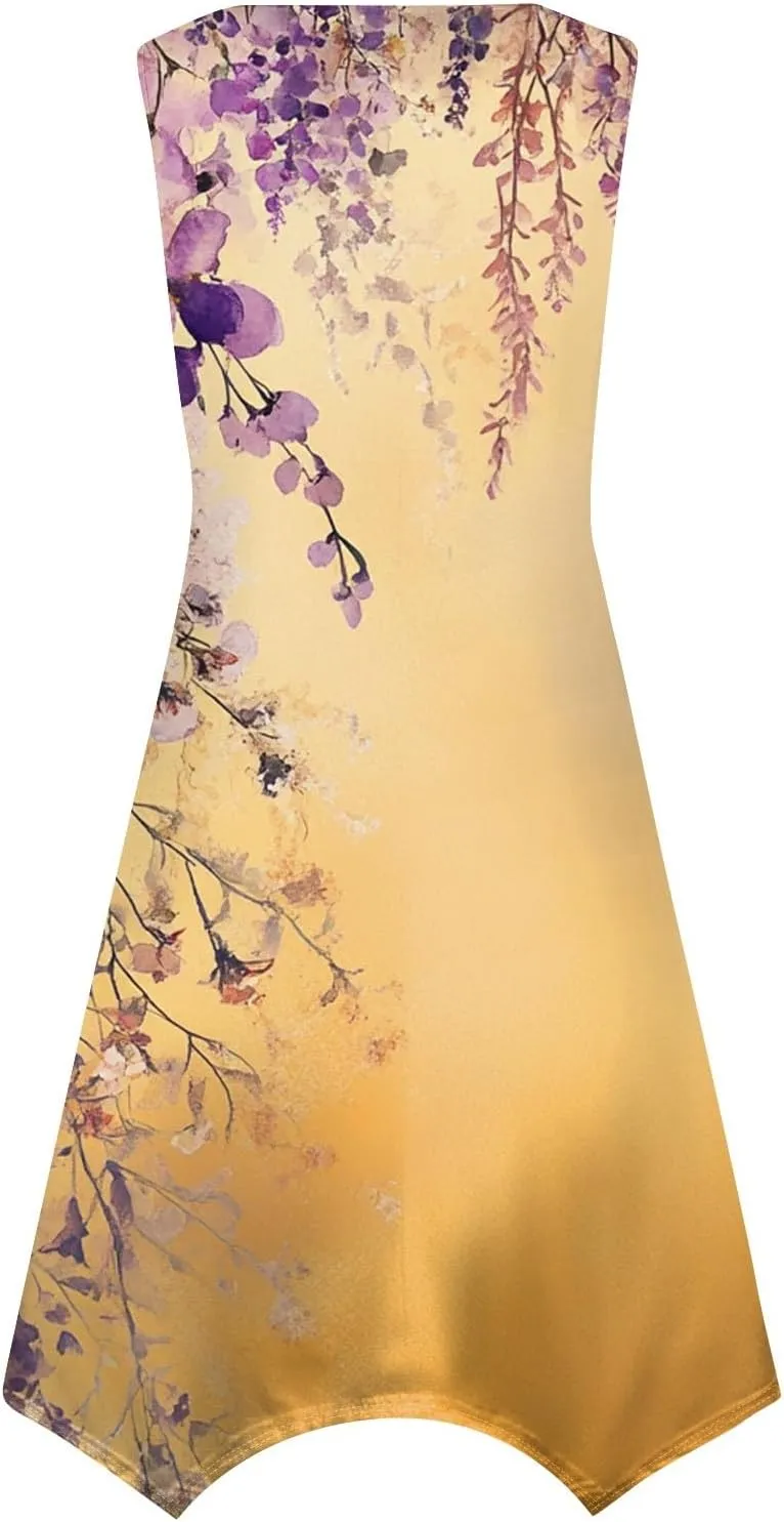 Summer Dresses for Women Summer Casual Beach Sundresses Flowy Hankerchief Hem Midi Tank Dresses Floral Sleeveless Dress
