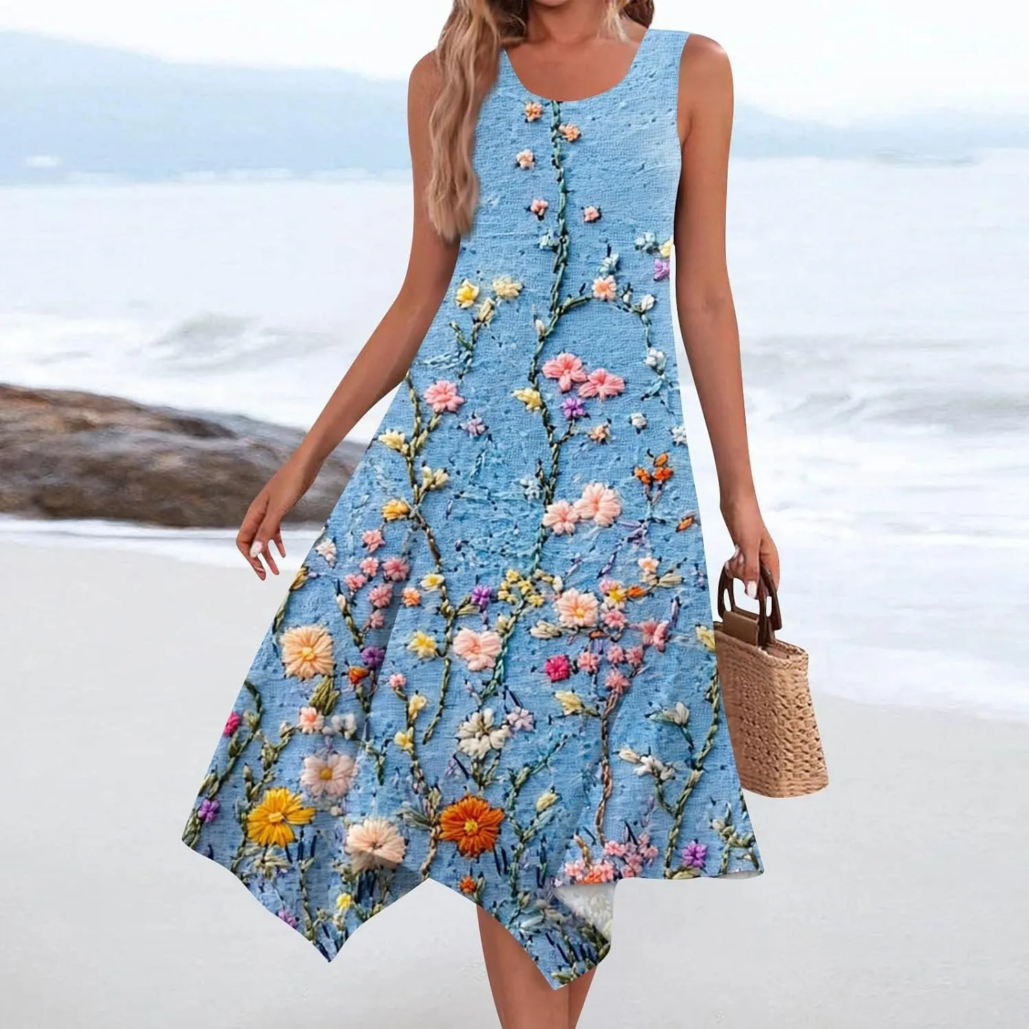 Summer Dresses for Women Summer Casual Beach Sundresses Flowy Hankerchief Hem Midi Tank Dresses Floral Sleeveless Dress