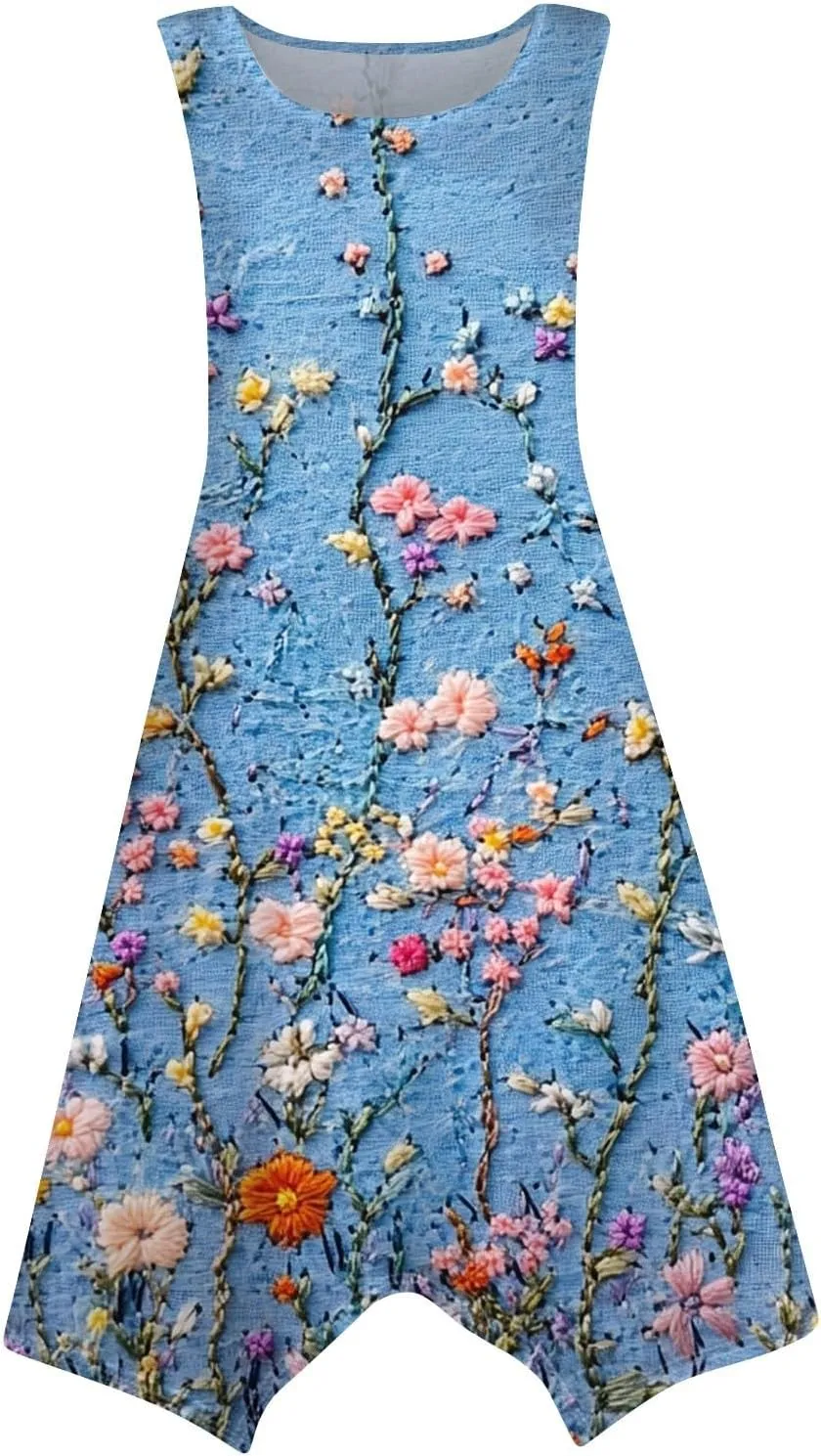 Summer Dresses for Women Summer Casual Beach Sundresses Flowy Hankerchief Hem Midi Tank Dresses Floral Sleeveless Dress