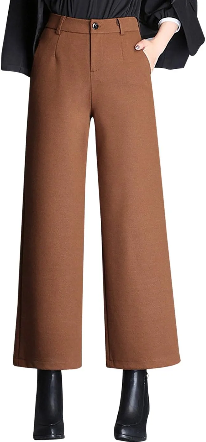 Tanming Women's Casual High Waist Trousers Wool Blend Cropped Wide Leg Pants