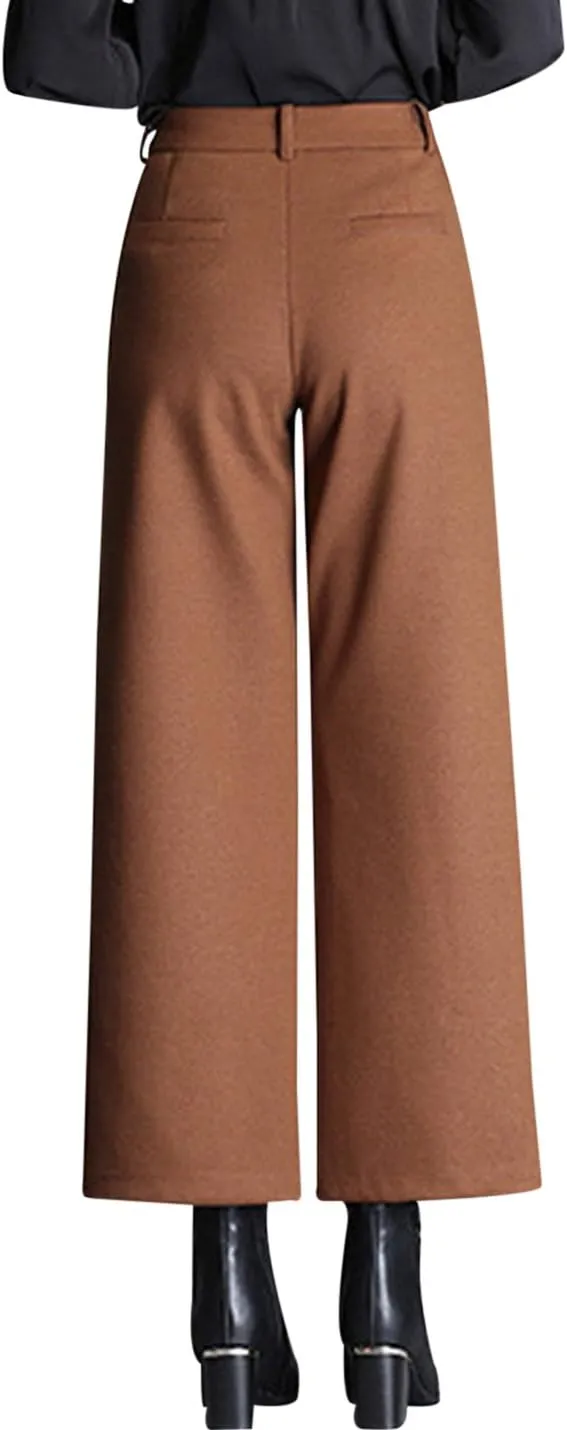 Tanming Women's Casual High Waist Trousers Wool Blend Cropped Wide Leg Pants