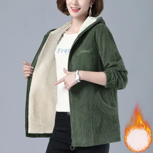 Warm Women Corduroy Coat Winter Thick Vintage Large Size Pocket Zipper Female Jacket Hooded Loose Long Sleeve Lady Clothes