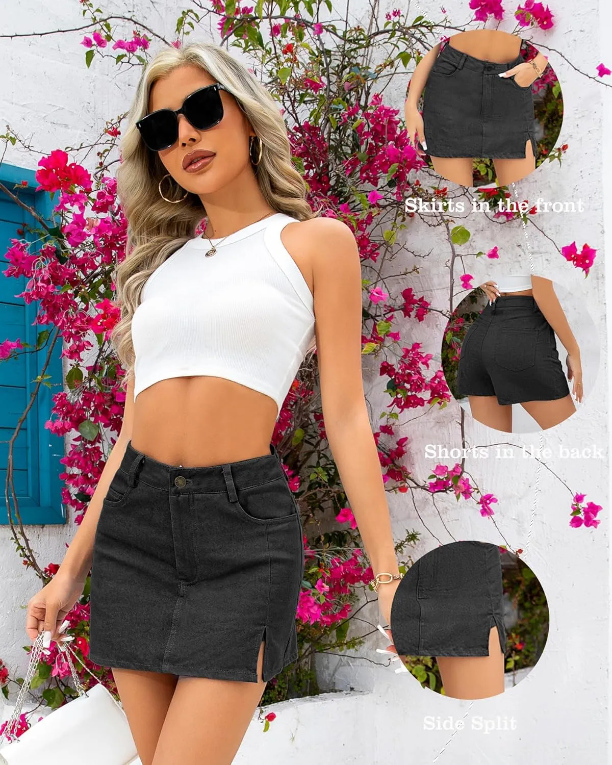 We1Fit Skorts for Women High Waisted Trendy Denim Mini Skirt Side Slit Jean Shorts Stretchy Skirts