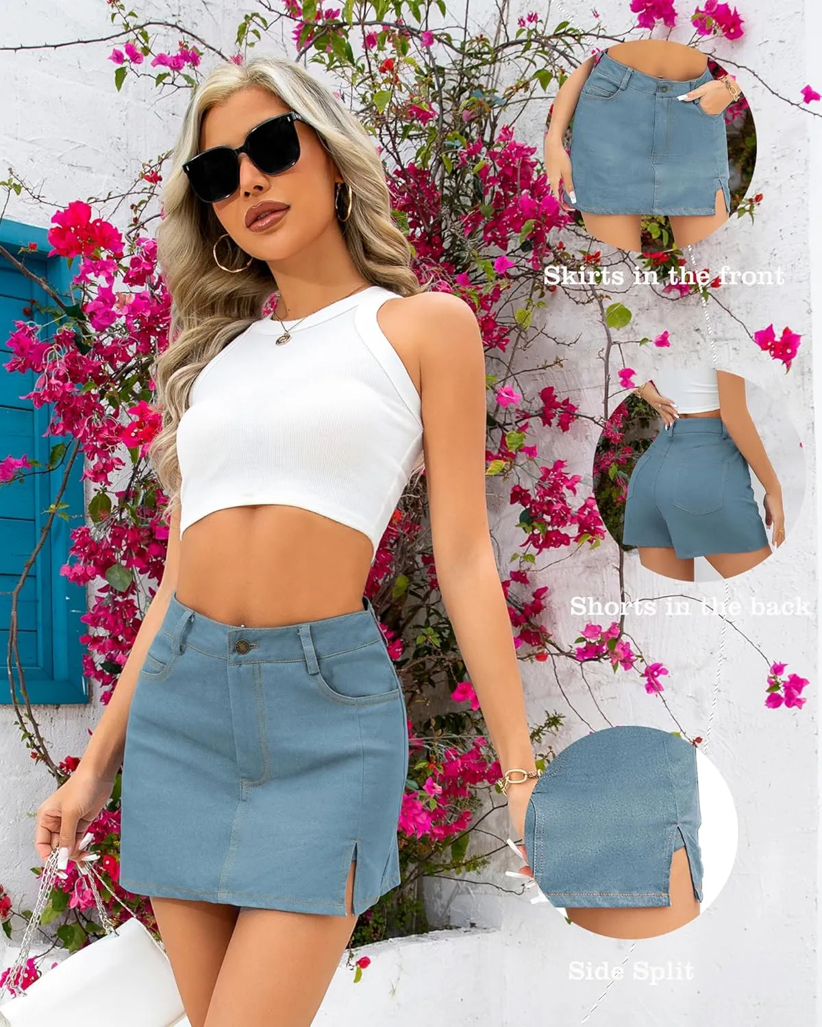 We1Fit Skorts for Women High Waisted Trendy Denim Mini Skirt Side Slit Jean Shorts Stretchy Skirts
