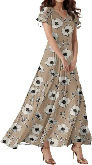 Women Beach Fashion,Women's Loose Casual V-Neck Short Sleeved High Waisted Print Chiffon Dress