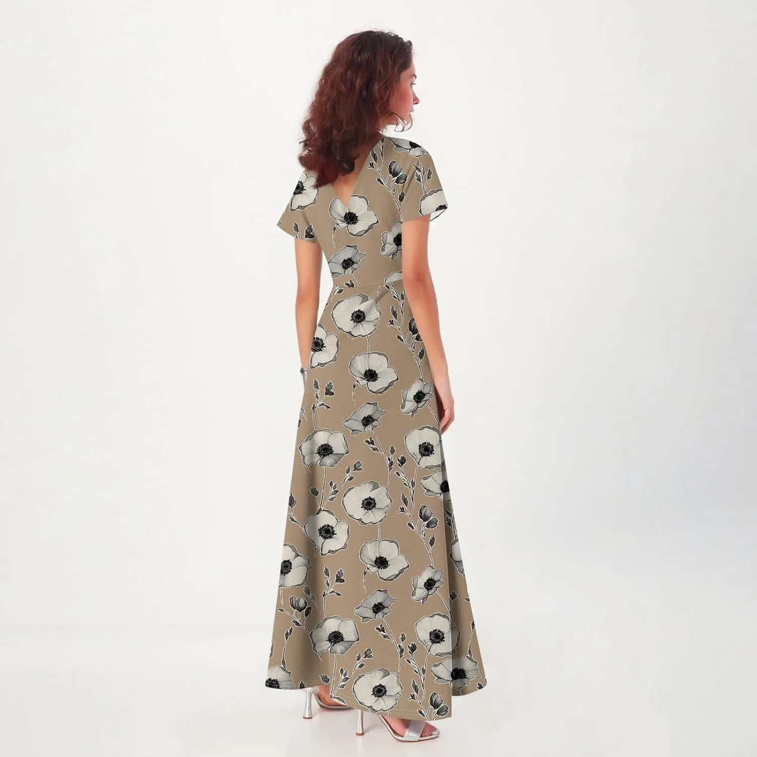 Women Beach Fashion,Women's Loose Casual V-Neck Short Sleeved High Waisted Print Chiffon Dress