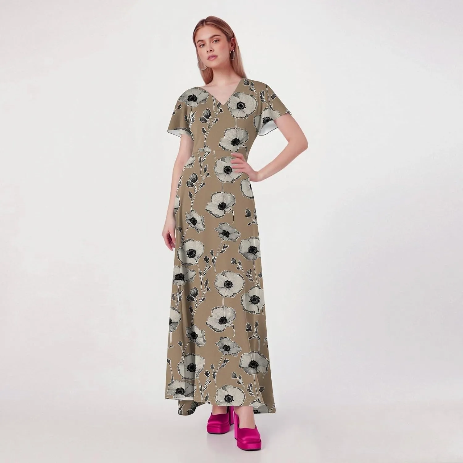 Women Beach Fashion,Women's Loose Casual V-Neck Short Sleeved High Waisted Print Chiffon Dress