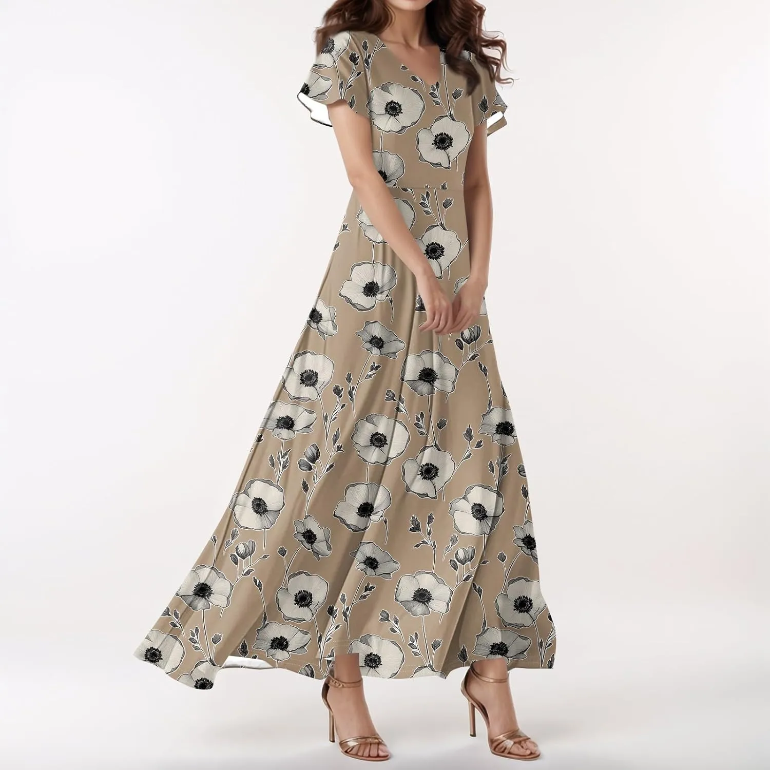 Women Beach Fashion,Women's Loose Casual V-Neck Short Sleeved High Waisted Print Chiffon Dress